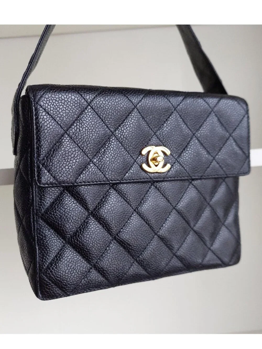 CHANEL Black Caviar Leather Square Box Flap Bag